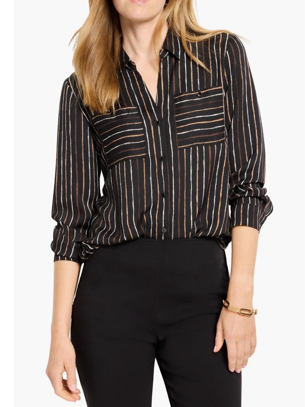Nic + Zoe Mini Painted Stripe Long Sleeve Button Down Black Brown Shirt S NEW